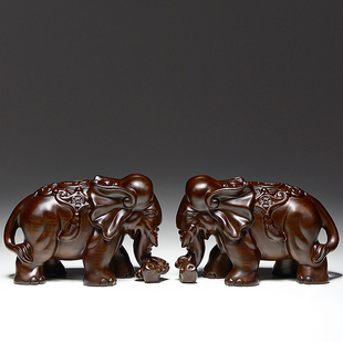 实木雕刻公母大象摆件一对吸水象手工艺品家居新中式 客厅玄关礼品