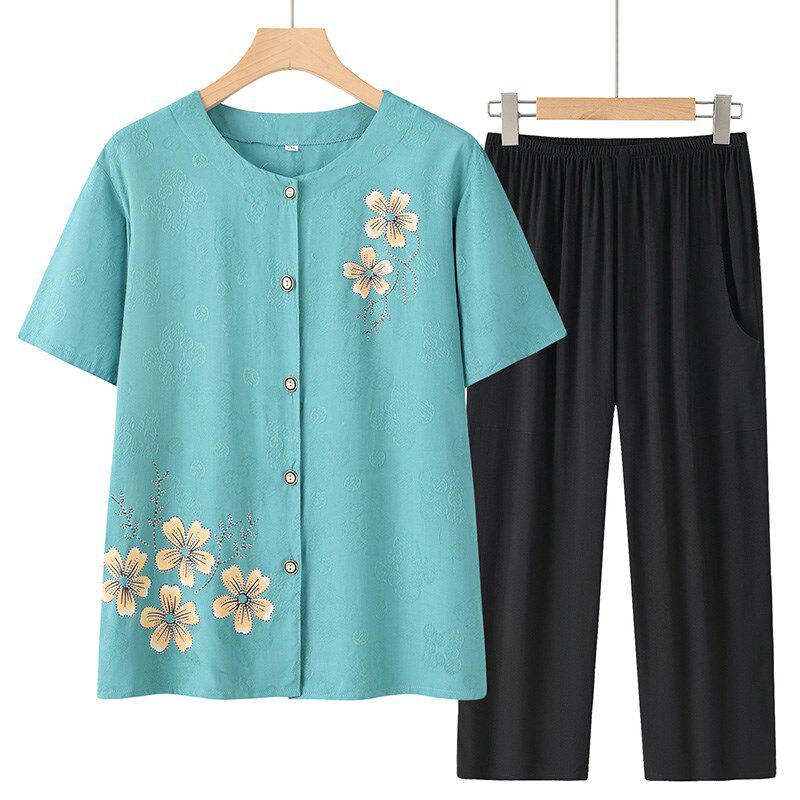 妈妈夏装中老年人女装奶奶套装短袖t恤上衣老人老太太衣服夏季薄
