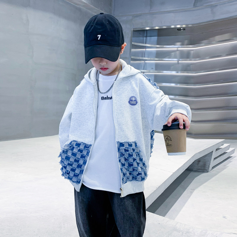 男童早春装拼接连帽外套2024新款中大儿童装男孩春秋时髦开衫卫衣