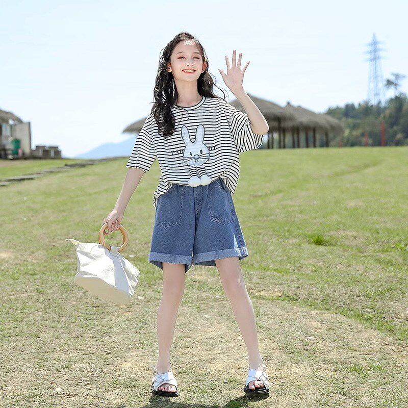 女童短袖套装夏装2024洋气新款中大儿童夏季女孩牛仔短裤两件套潮