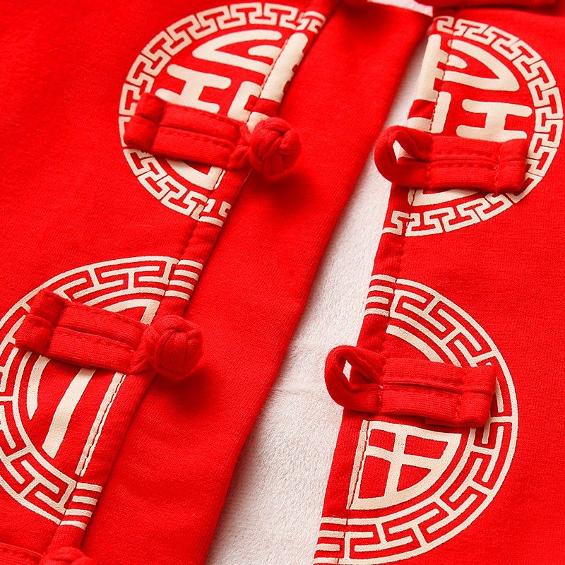 男宝宝婴儿一周岁礼服冬季套装唐装男童红色新年过年喜庆衣服薄款