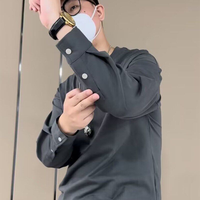 重磅长袖t恤男秋季新款纯棉宽松白色春秋卫衣圆领圆弧下摆打底衫