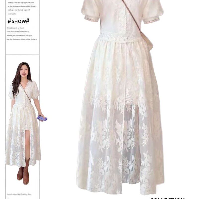 大码胖mm法式温柔风搭配一整套女装夏季蕾丝连衣裙高腰短裤两件套