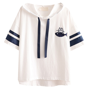 12-13-14-15-16岁大童少女春装连帽上衣服初中学生大码短袖T恤夏