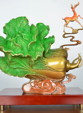 彩铜白菜摆件招财铜鹿家居客厅电视柜装饰品乔迁新居店铺开业礼品