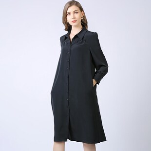 春秋款 欧美大码 连衣裙子2024年新款 口袋衬衫 女装 直筒宽松胖mm长袖