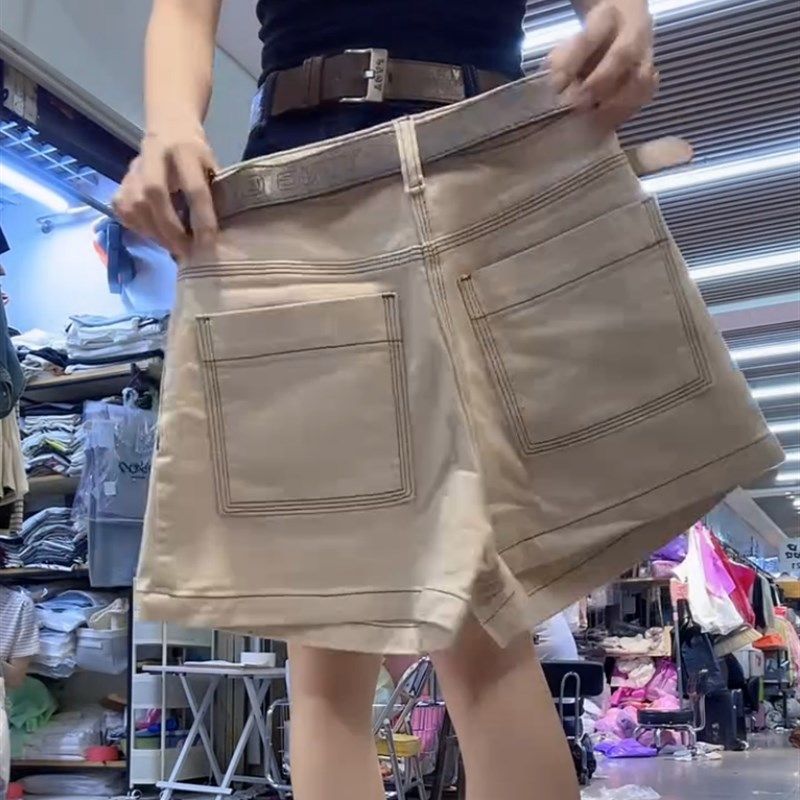 深蓝色阔腿牛仔短裤女2024年夏季薄款梨形大码高腰宽松显瘦五分裤