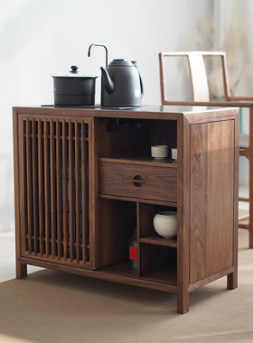 新中式储物茶水柜黑胡桃实木多格收纳一体烧水茶台茶桌边柜