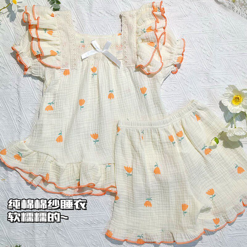 2024新款女童睡衣夏款纯棉套装儿童短袖开衫棉纱公主风家居服夏装