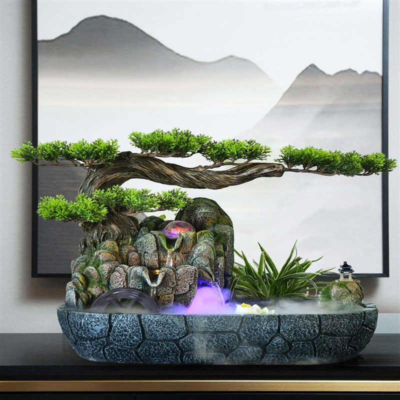 彷真迎客松山水盆景假山流水喷泉摆件玄关办公室循环水造景
