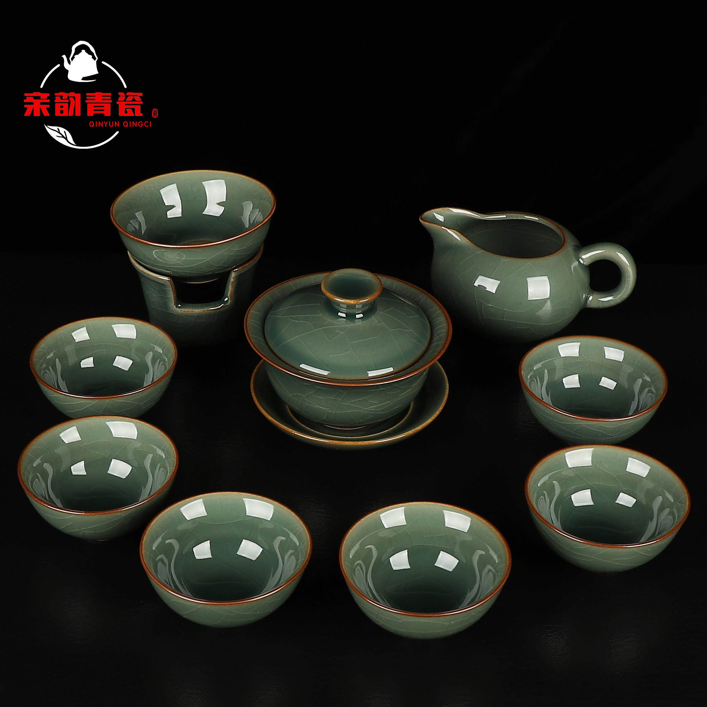 亲韵青瓷哥窑陶瓷功夫茶具套组中式盖碗茶漏茶盘家用6人2026新款