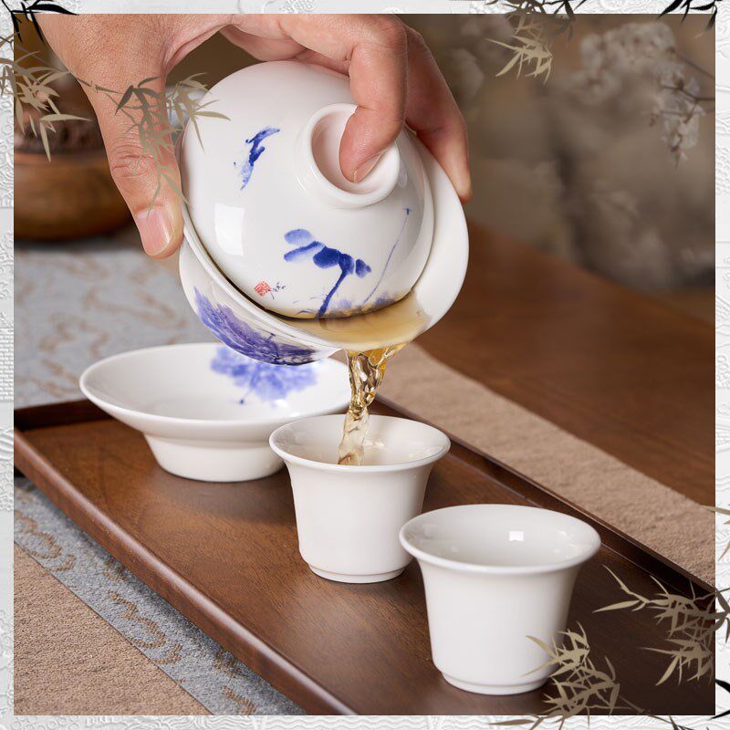 华光国瓷盖碗茶杯青花瓷三才盖碗大号泡茶杯单个防烫高档盖碗套装