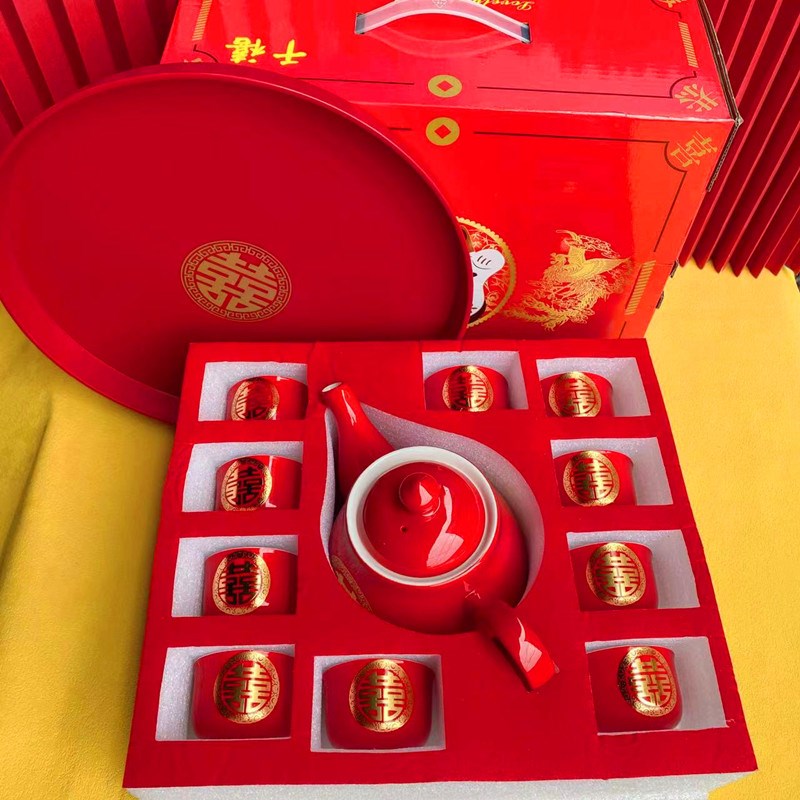 结婚敬茶杯套装10杯12杯礼盒装百喜杯红色陶瓷新娘孝心茶具茶盘嫁图片