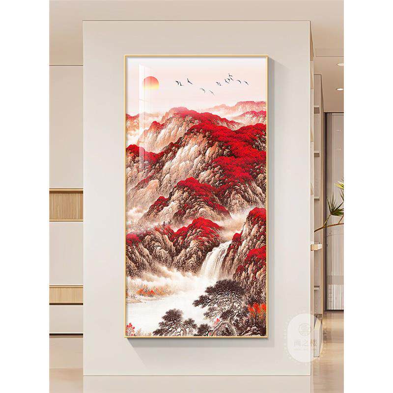 鸿运当头国画新中式玄关装饰画走廊过道尽头山水画竖版挂画墙壁画