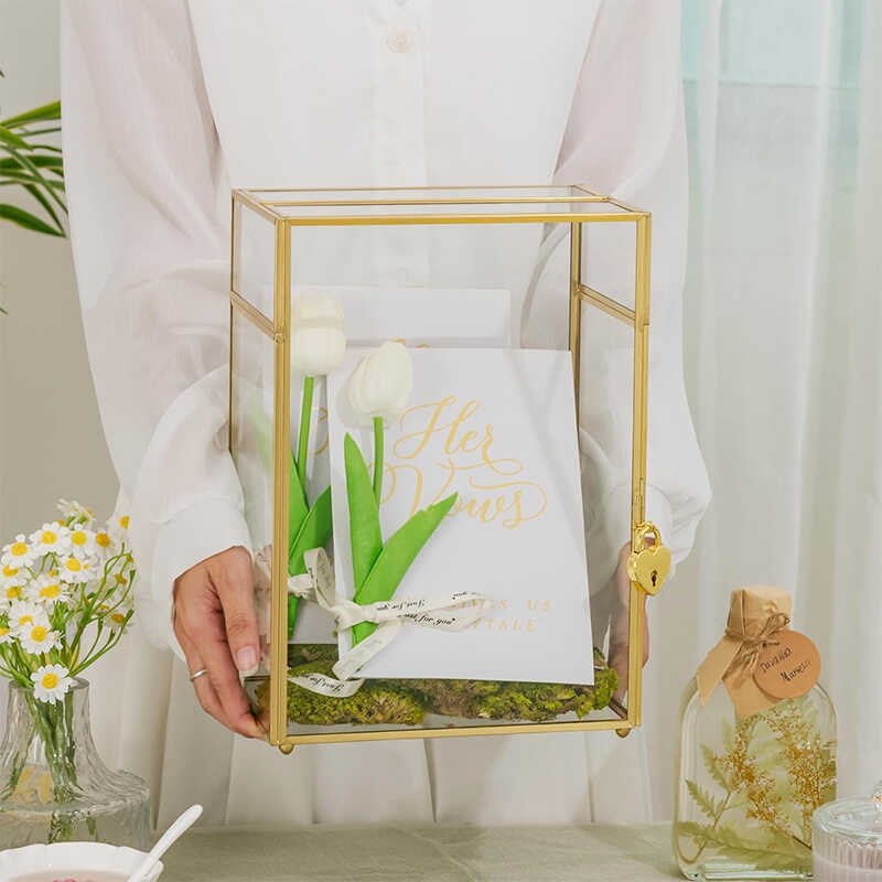 欧式玻璃婚礼卡盒长方形金色黑色生日贺卡盒复古桌面礼品展示盒子