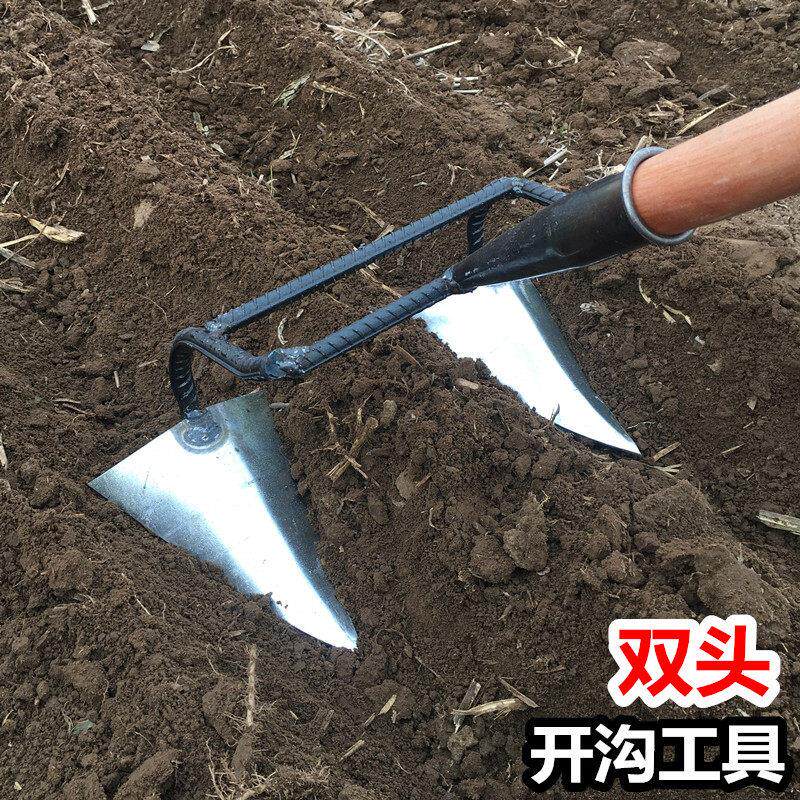 全钢双头开沟锄头带木柄三角松土拉钩农具 大号小号双沟起垄工具图片