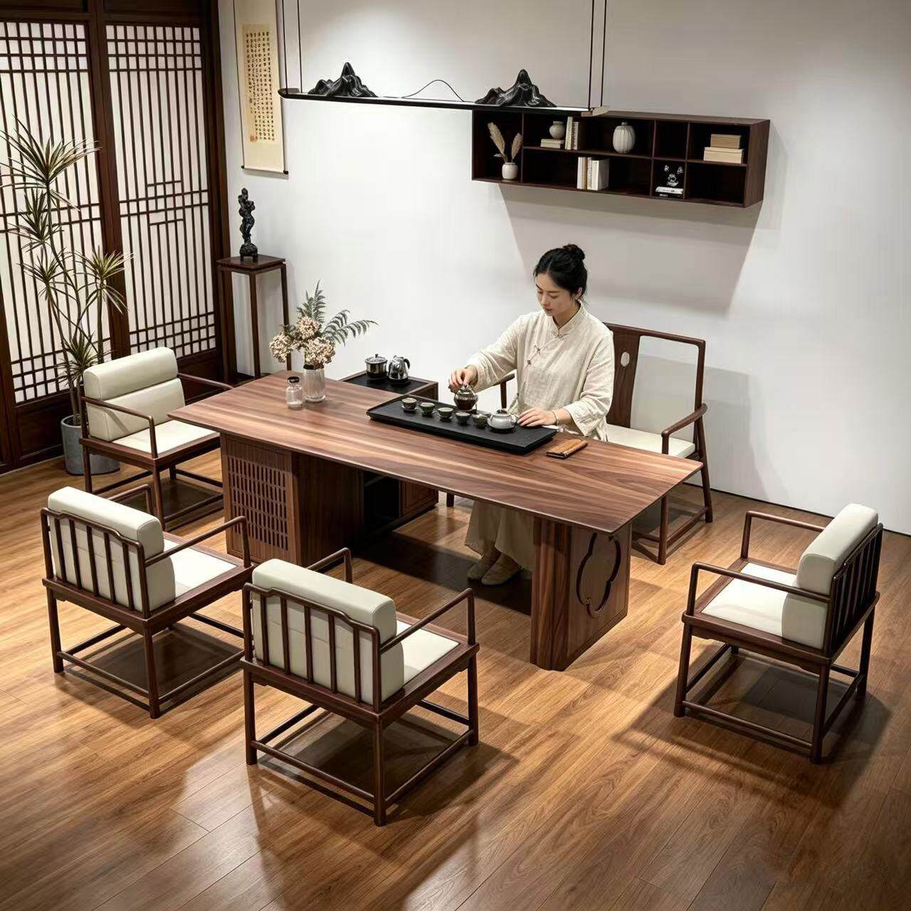 雅韵茶居新中式实木茶桌乌金木茶台茶室家用泡茶桌