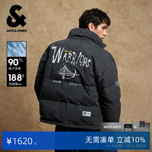 杰克琼斯NBA联名勇士队男装春季羽绒服时尚满印logo宽松立领外套