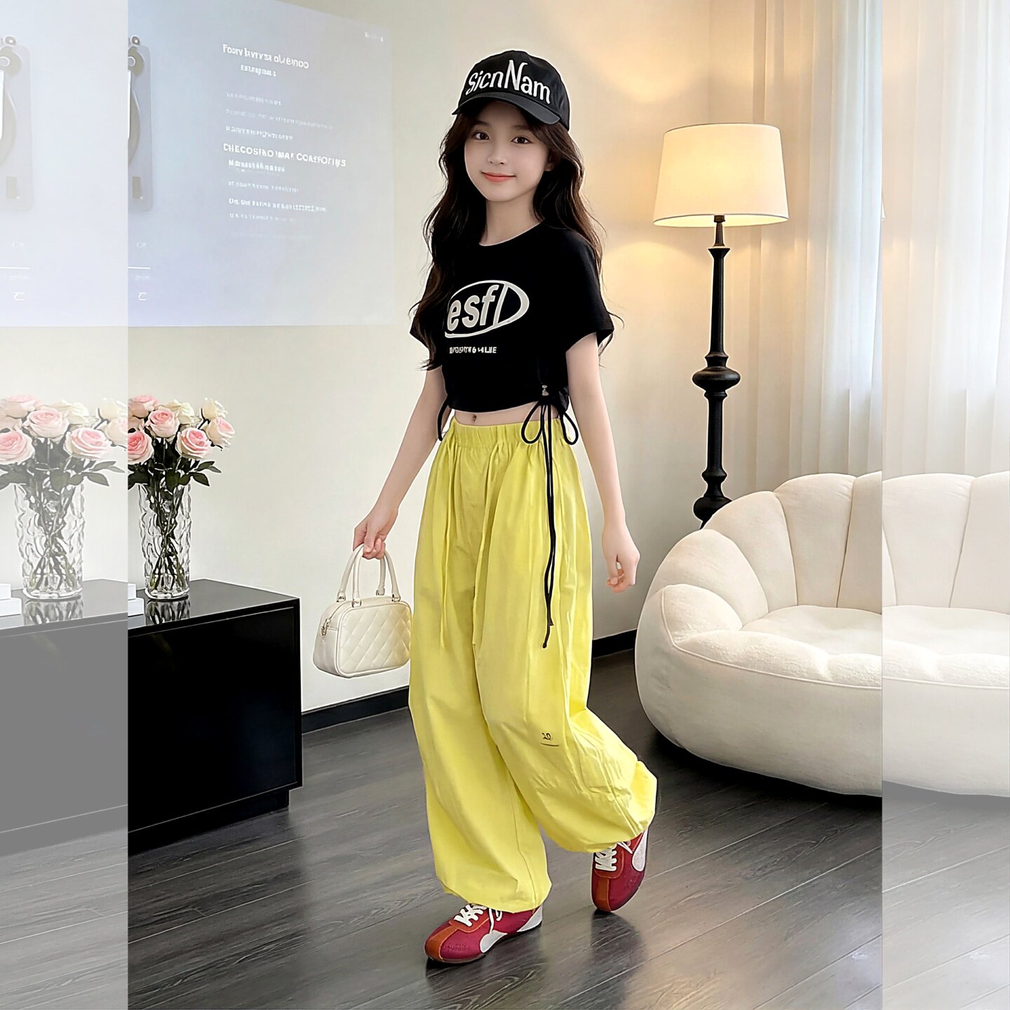 女童工装裤宽松阔腿裤套装2026小女孩潮酷街舞服短袖修身上衣洋气