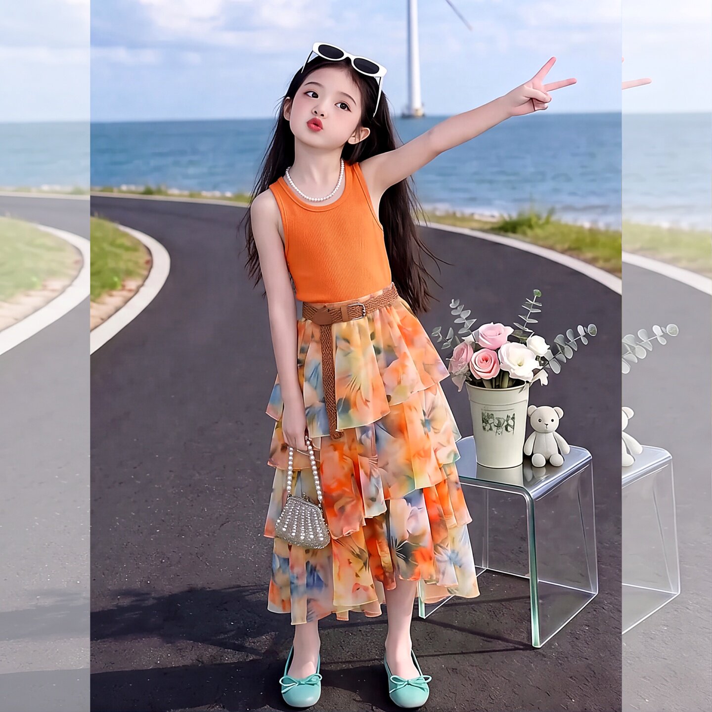 女童装夏季时髦洋气中大儿童孩背心不规则碎花蛋糕半身裙两件套装