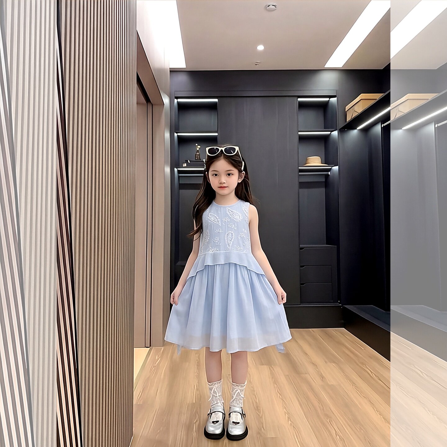 女童连衣裙夏季2026新款无袖网纱拼接裙中大童夏装纯色夏日公主裙