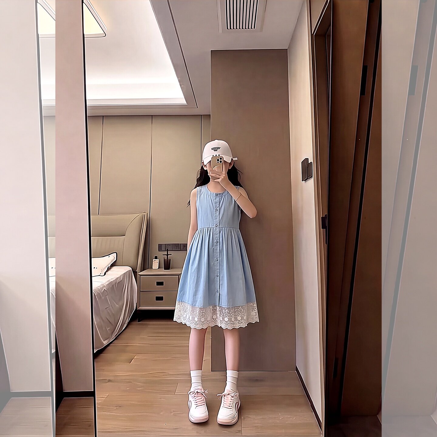 女童无袖蓝色连衣裙夏季中长裙蕾