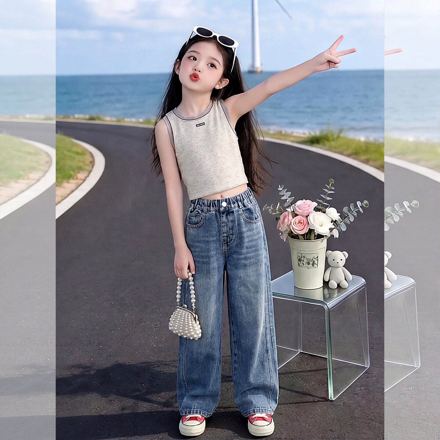 女童时尚牛仔裤宽松阔腿弯刀裤子儿童2026新款初中生大童长裤夏季