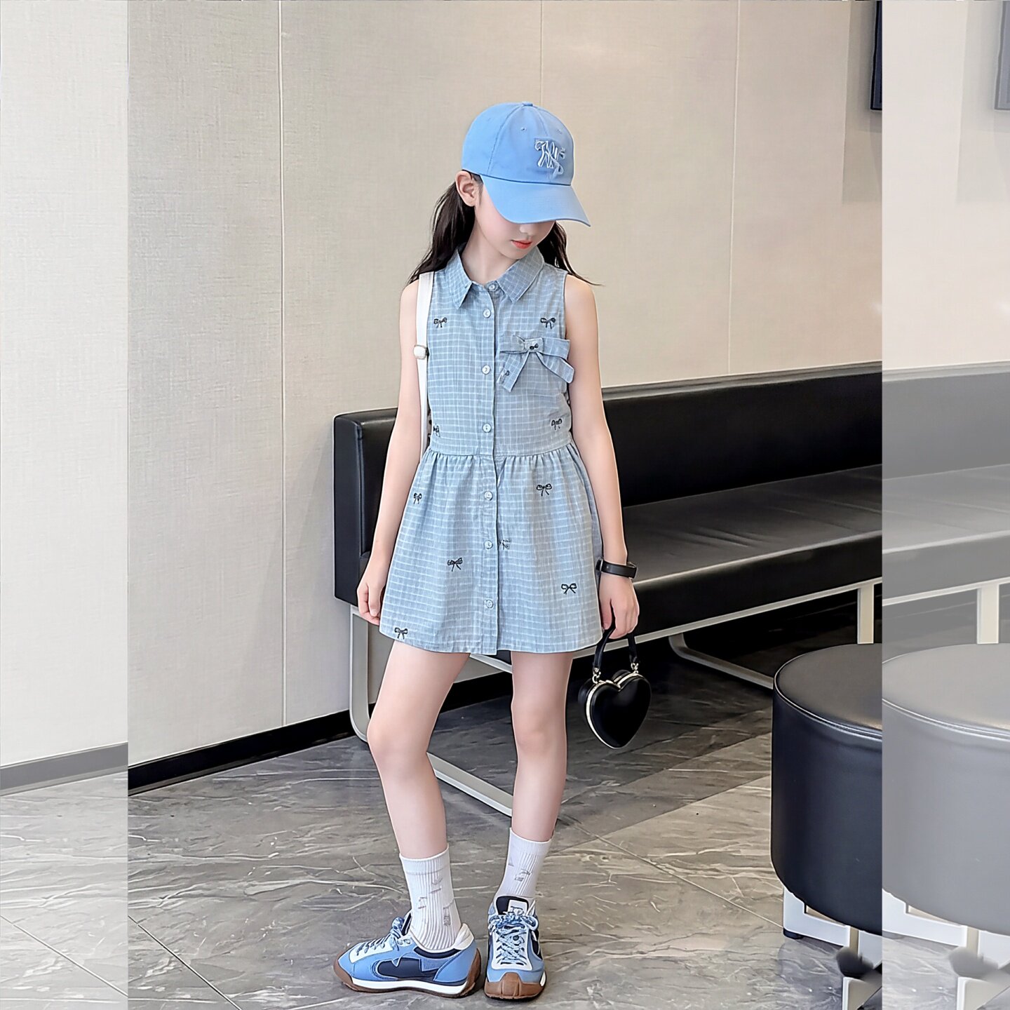 女童夏季无袖格纹连衣裙洋气蝴蝶