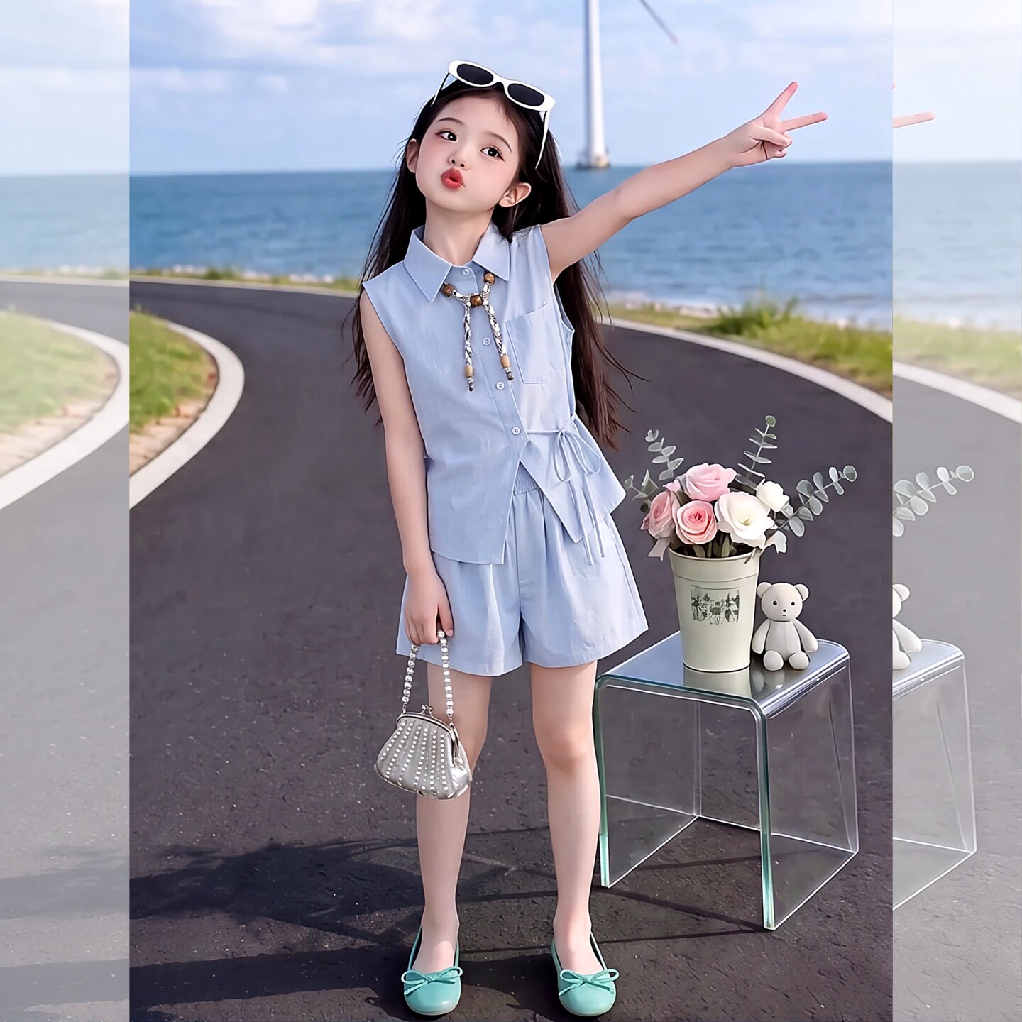 女童无袖衬衫套装夏季2026新款童
