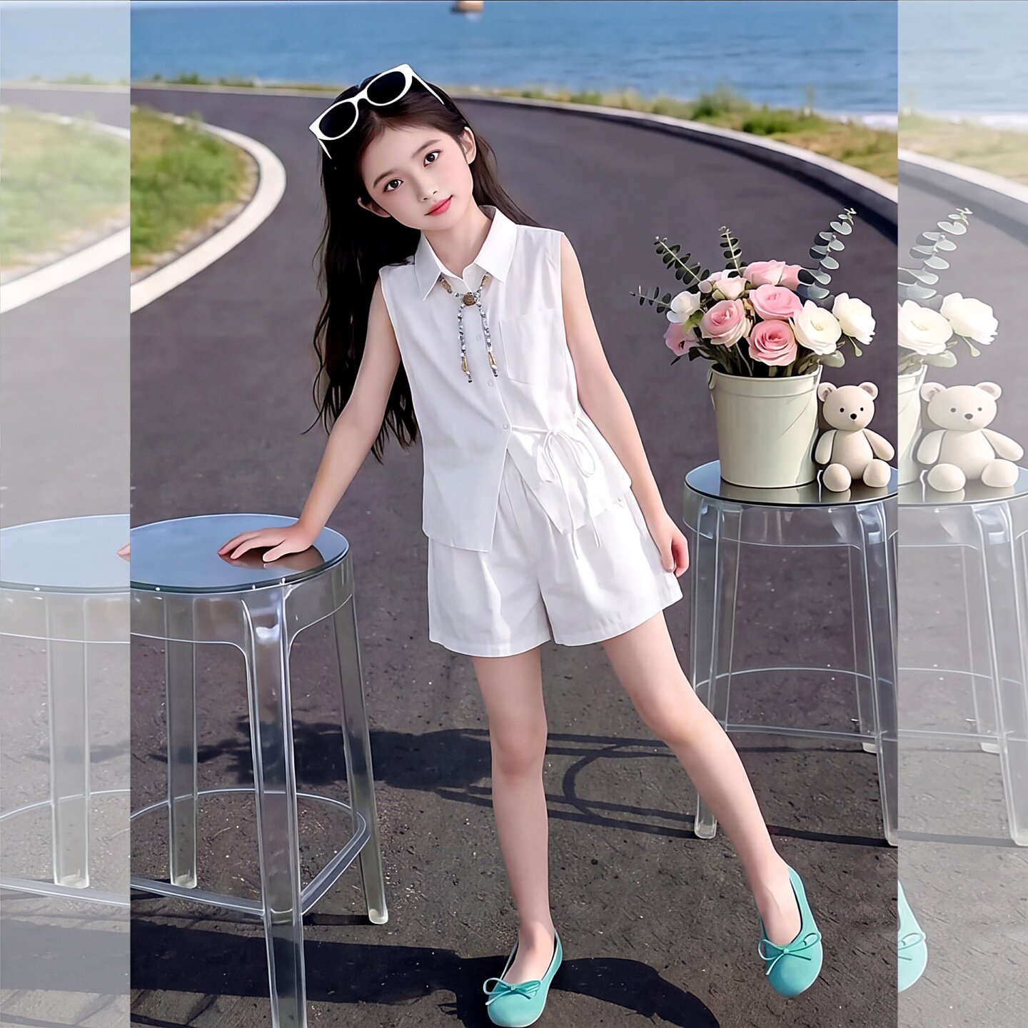 女童夏装冰丝无袖衬衫套装2026新