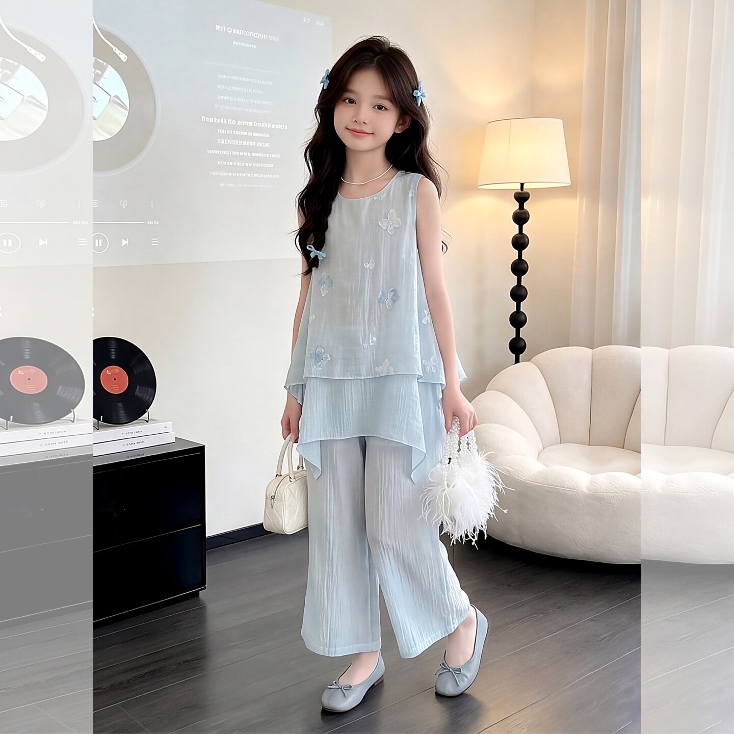 甜美风无袖刺绣花朵两件套女大童
