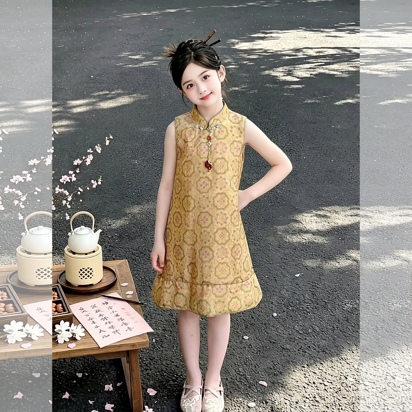 新中式旗袍背心女童连衣裙夏季女