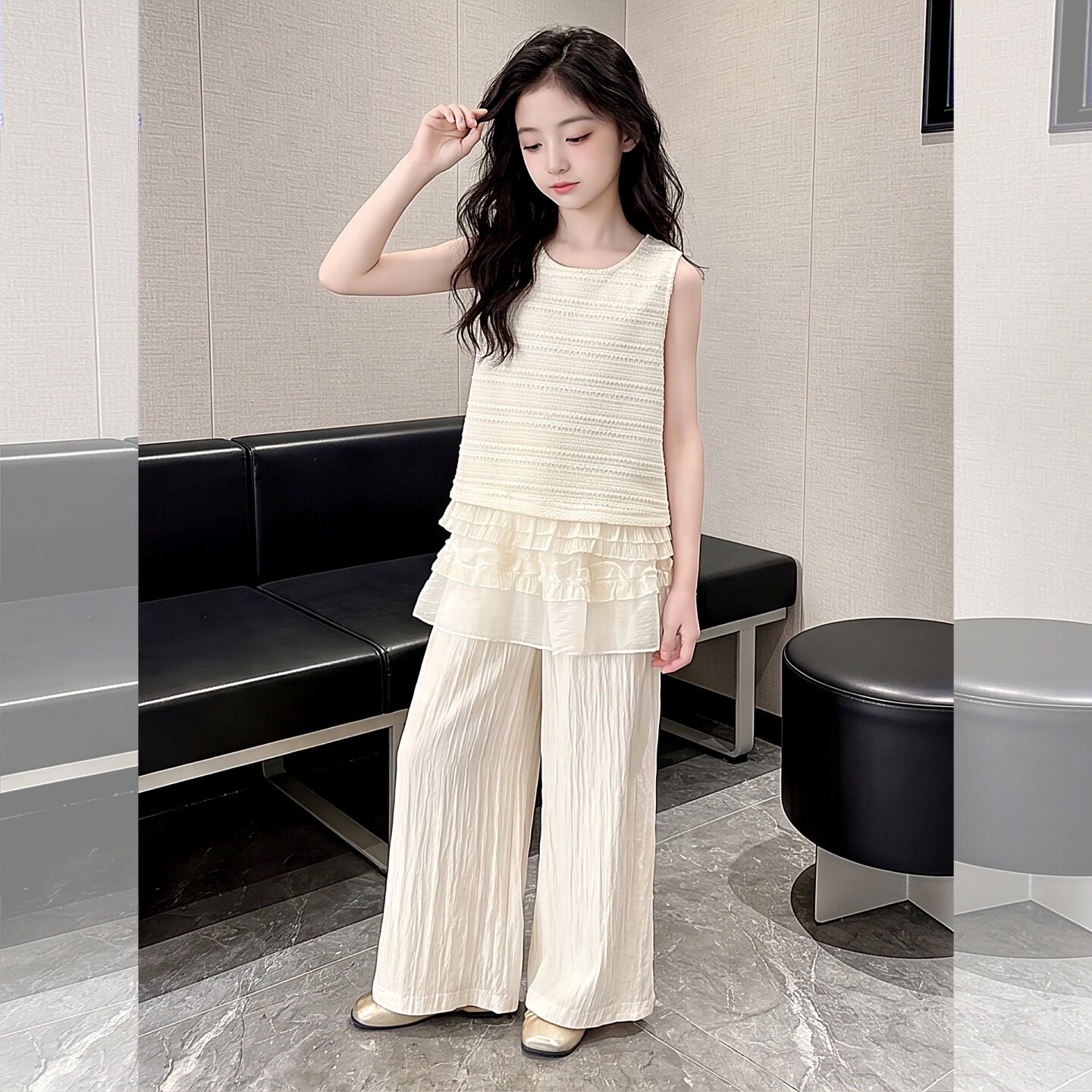 女童无袖套装2026新款夏季女大童装蕾丝上衣阔腿裤夏天休闲两件套
