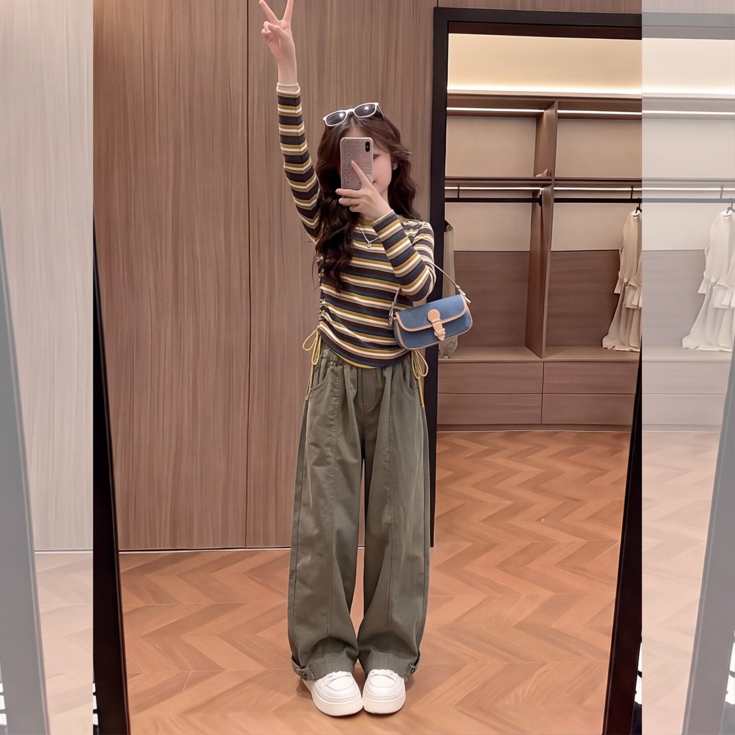 女童条纹长袖上衣军绿色阔腿裤秋