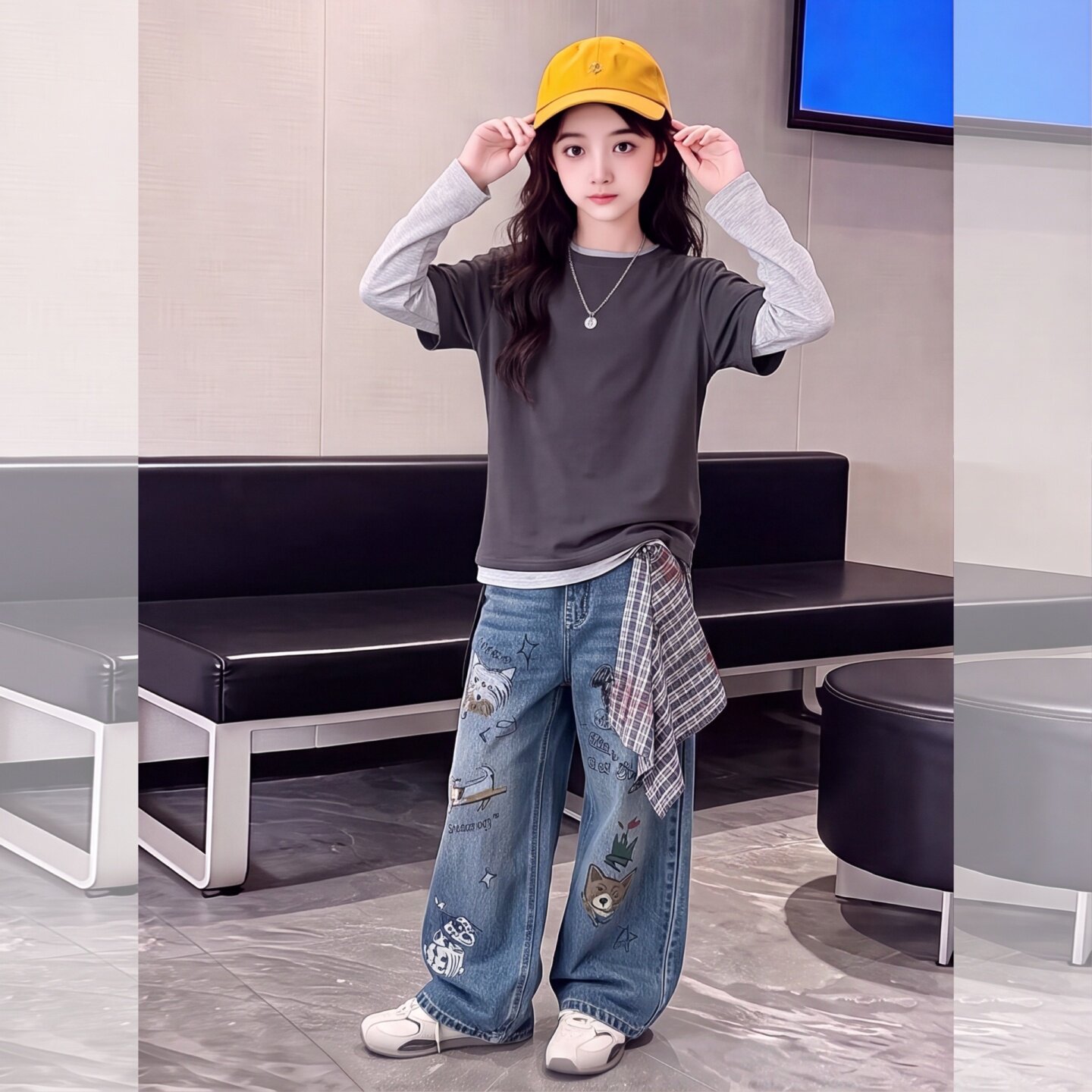 女童街头风印花牛仔裤2026新款童