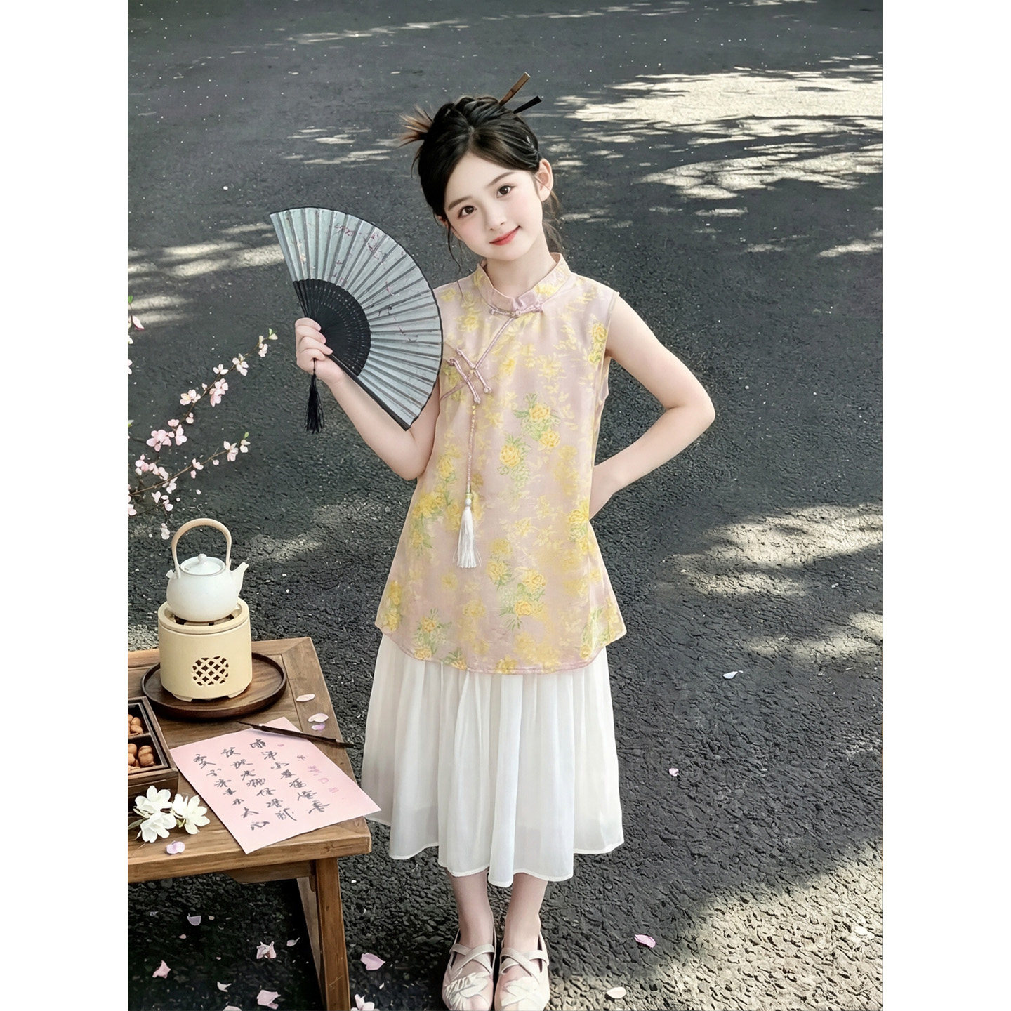 女童中式立领拼接碎花裙夏季新款