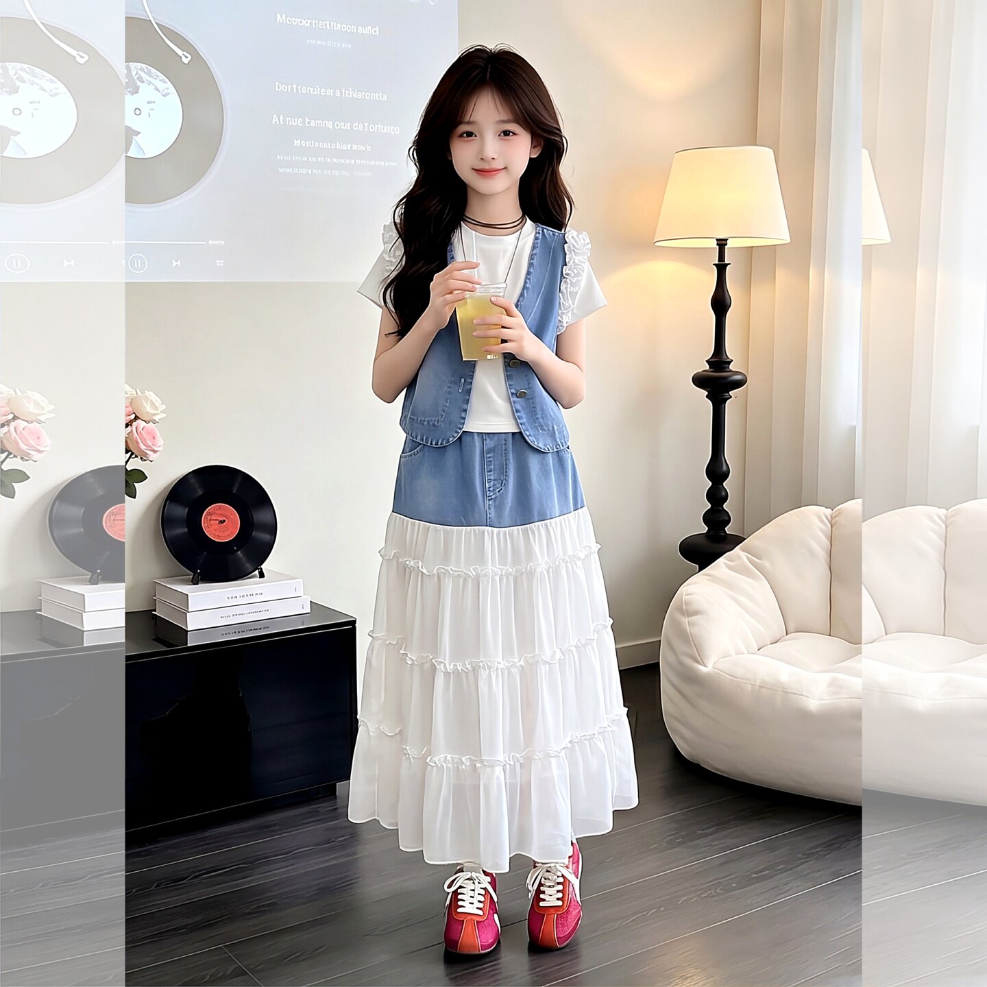 女童韩系牛仔马甲蛋糕裙三件套女