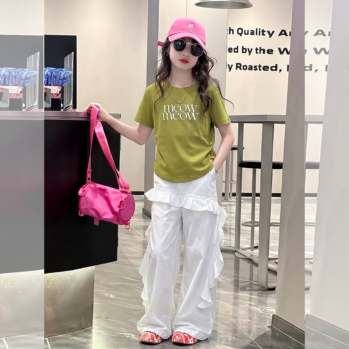 女童套装2026夏季新款个性短袖T恤屁帘阔腿裤中大童时髦休闲夏装9