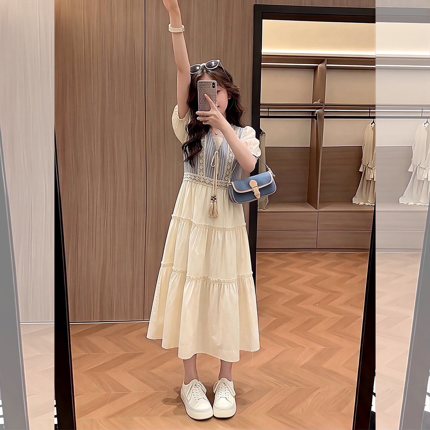 2026夏女童蓝条纹假两件连衣裙中