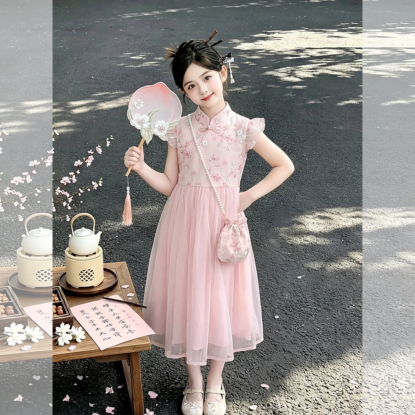 女童新中式旗袍连衣裙2026新款夏季粉色飞飞袖网纱公主裙洋气大童