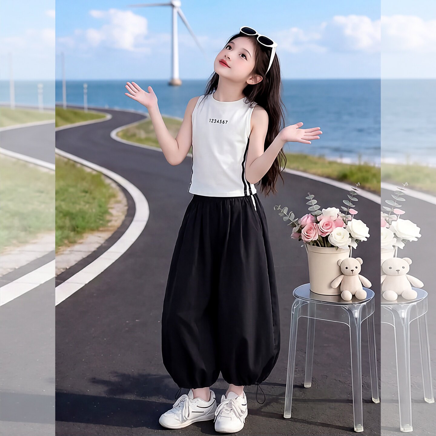 女童背心八分裤套装夏季2026新款儿童运动休闲洋气女大童无袖夏装