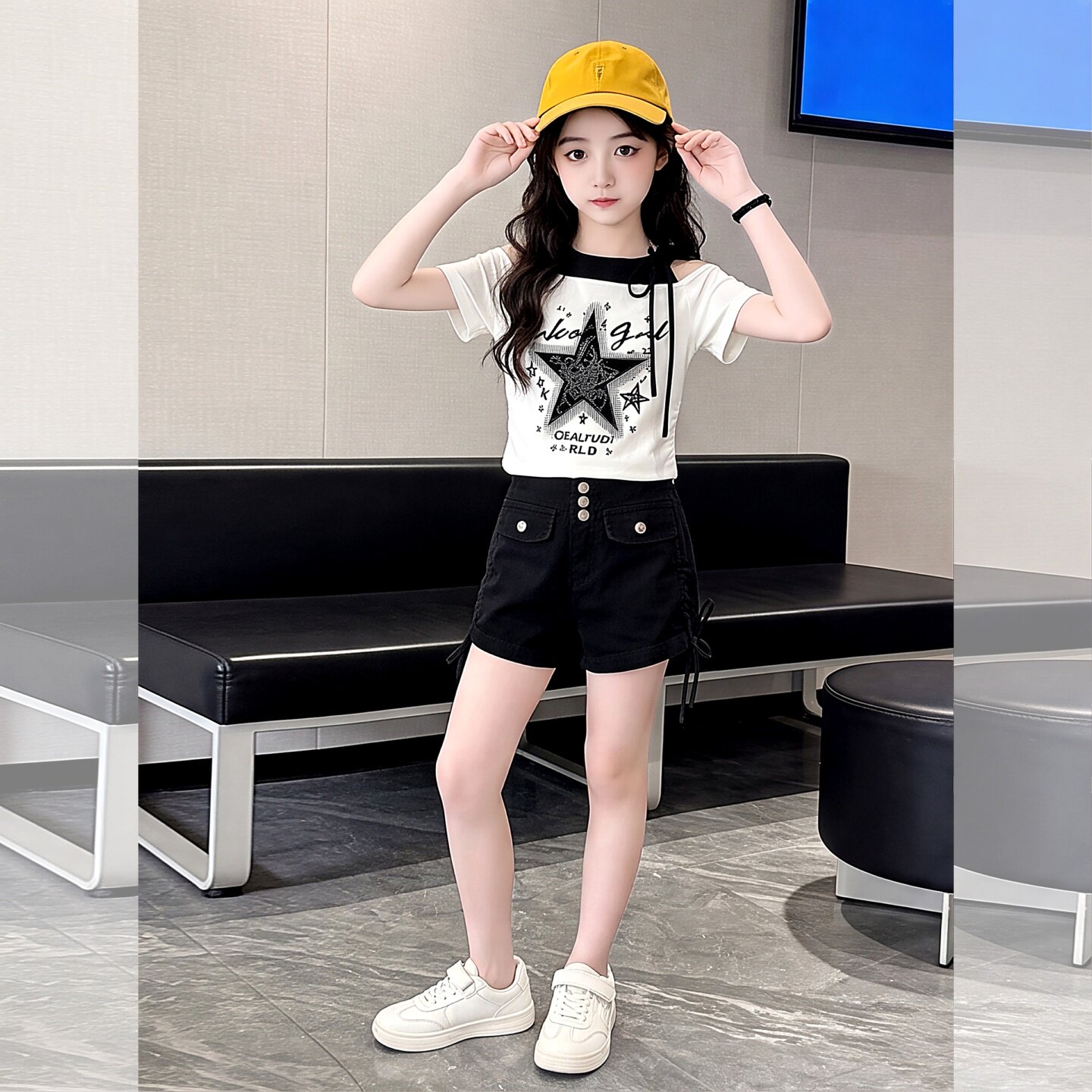 女童短袖短裤套装夏季新款辣妹斜