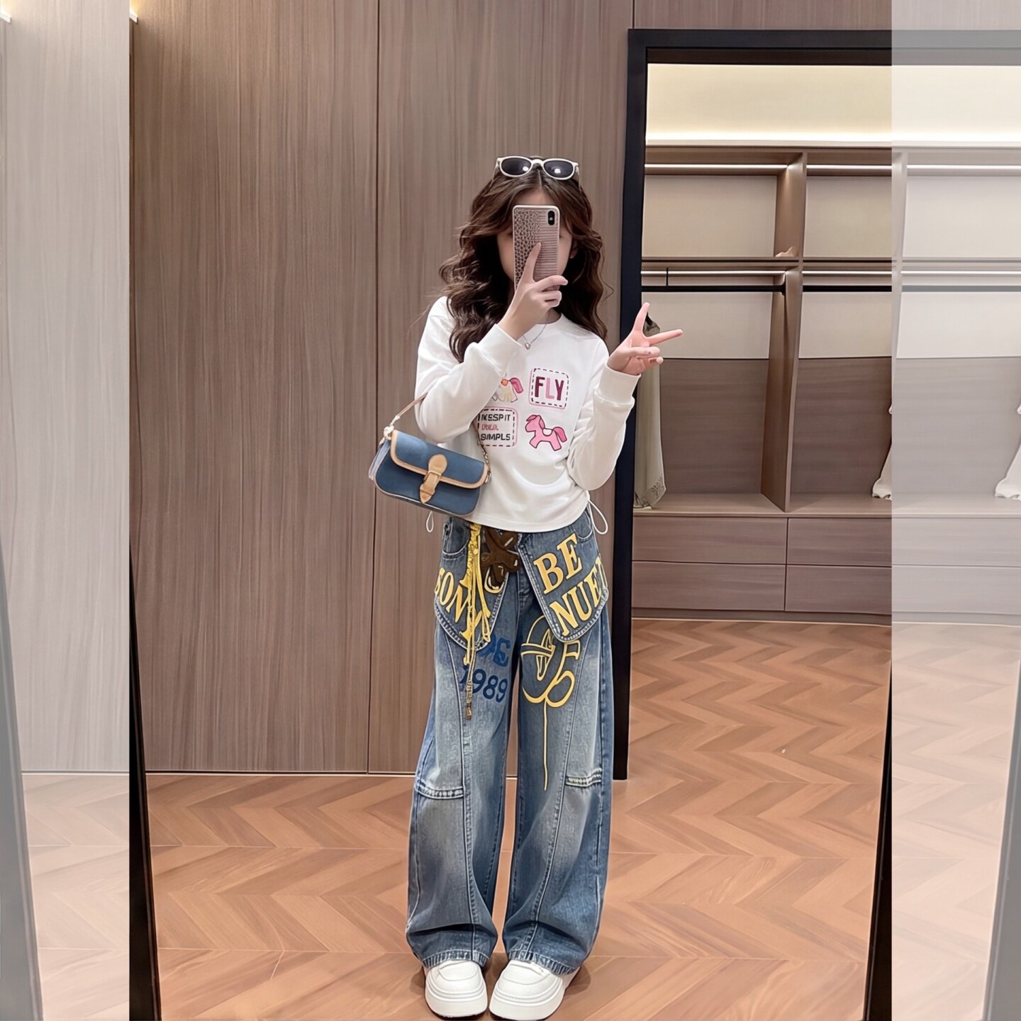 女童秋装字母套装2026秋季新款儿童设计感上衣不规则假两件牛仔裤