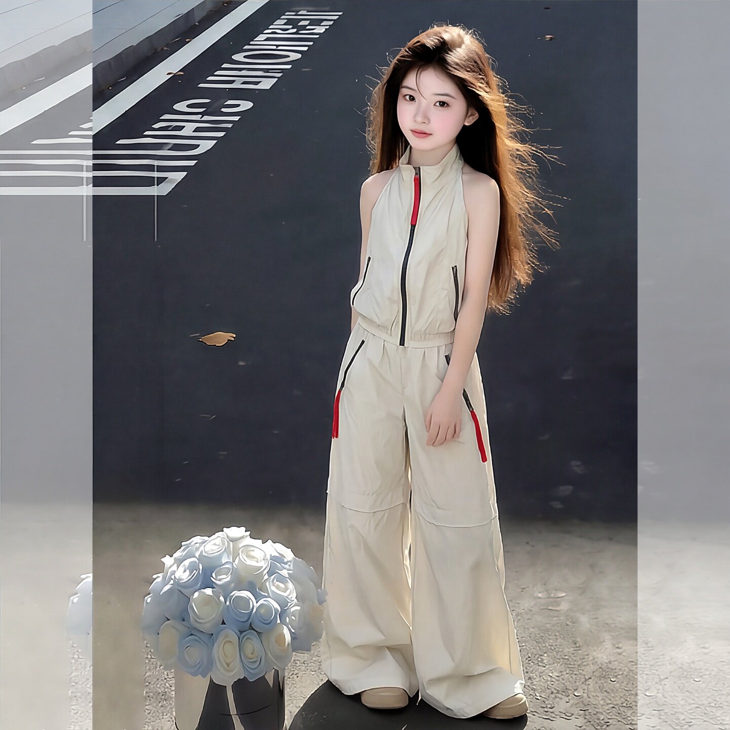 女童美式挂脖露背马甲背心工装阔腿裤套装夏季2026新款儿童穿搭潮
