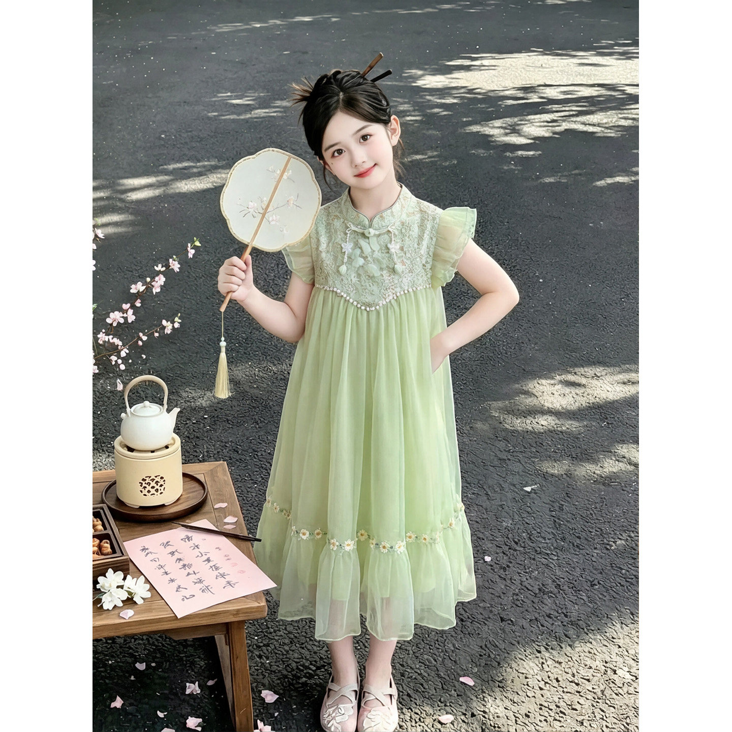 女童夏季新中式连衣裙2026新款洋气儿童小飞袖网纱公主裙国风裙子