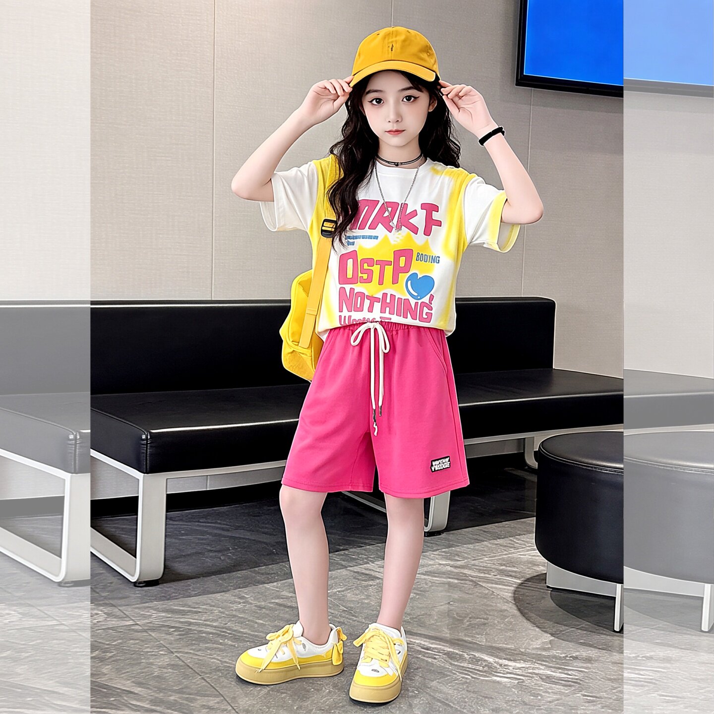 女童短袖短裤套装夏季新款多巴胺
