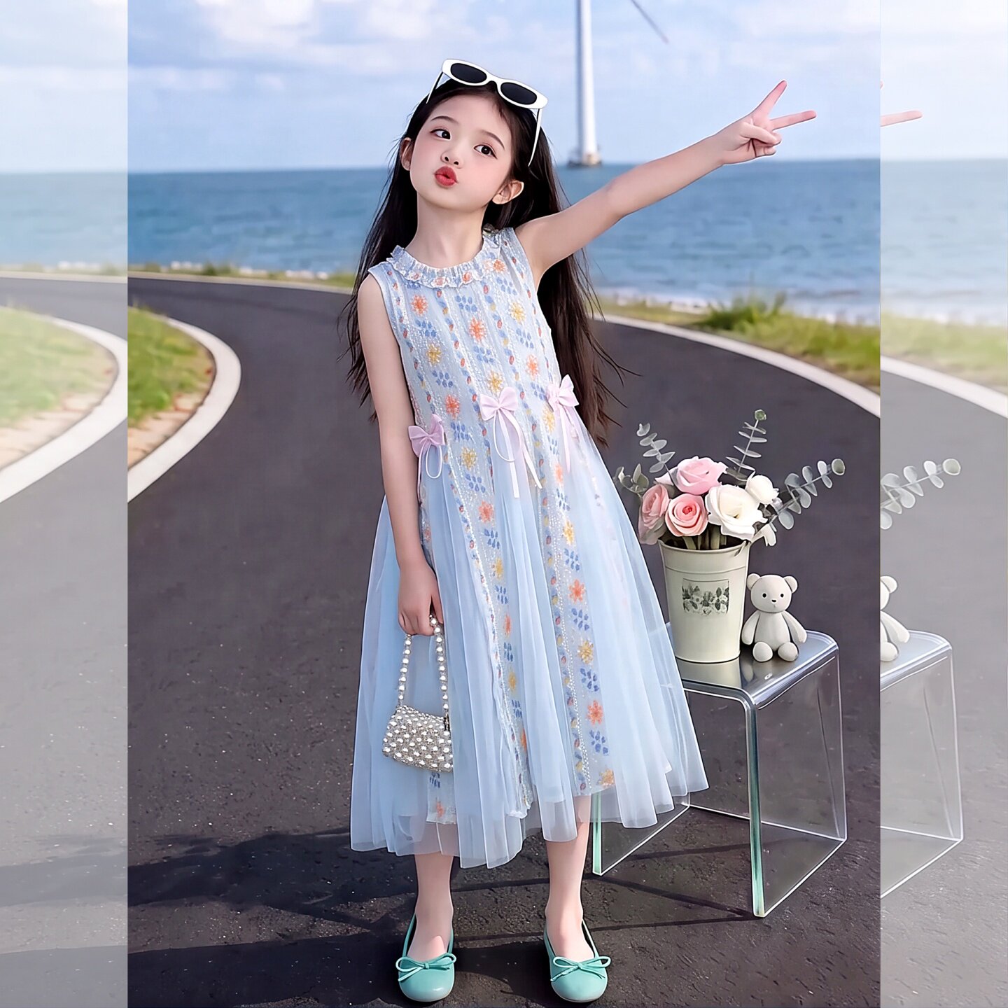 女童夏季碎花拼纱蝴蝶结无袖连衣