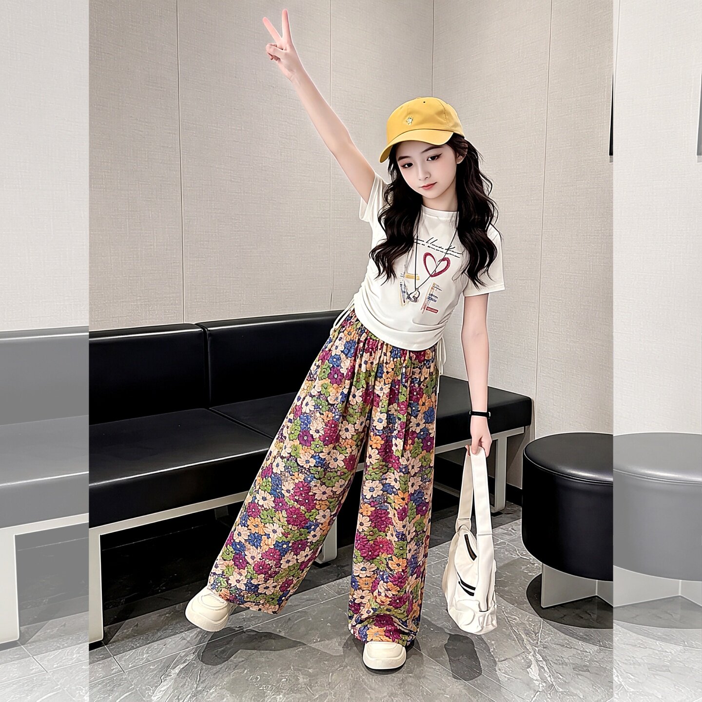女童裤子夏季薄款女大童韩系穿搭碎花阔腿裤女孩初中生夏天防蚊裤