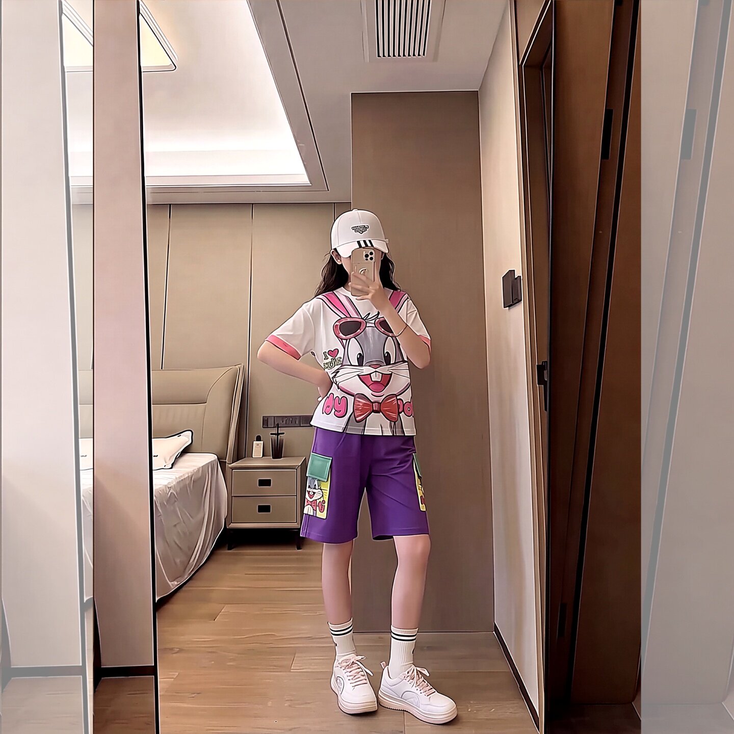 女童韩系卡通兔子印花宽松T恤短8
