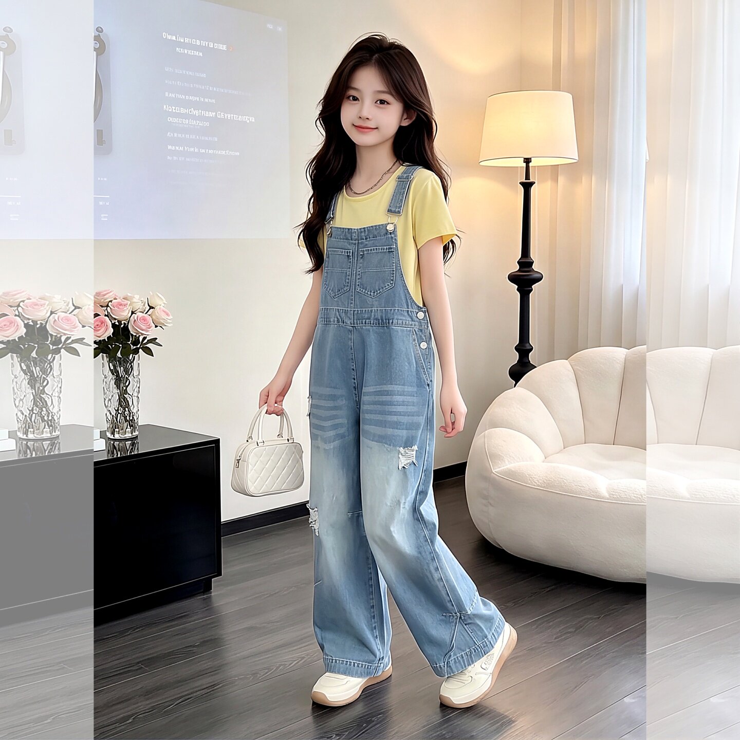 女童韩版高腰显瘦牛仔背带裤套装